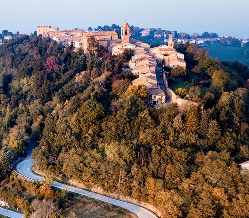 Vista aerea di un borgo medievale tra campi verdi, evocando serenità e storia.